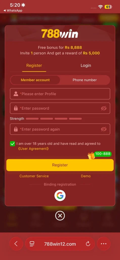 788 Win Game register section image