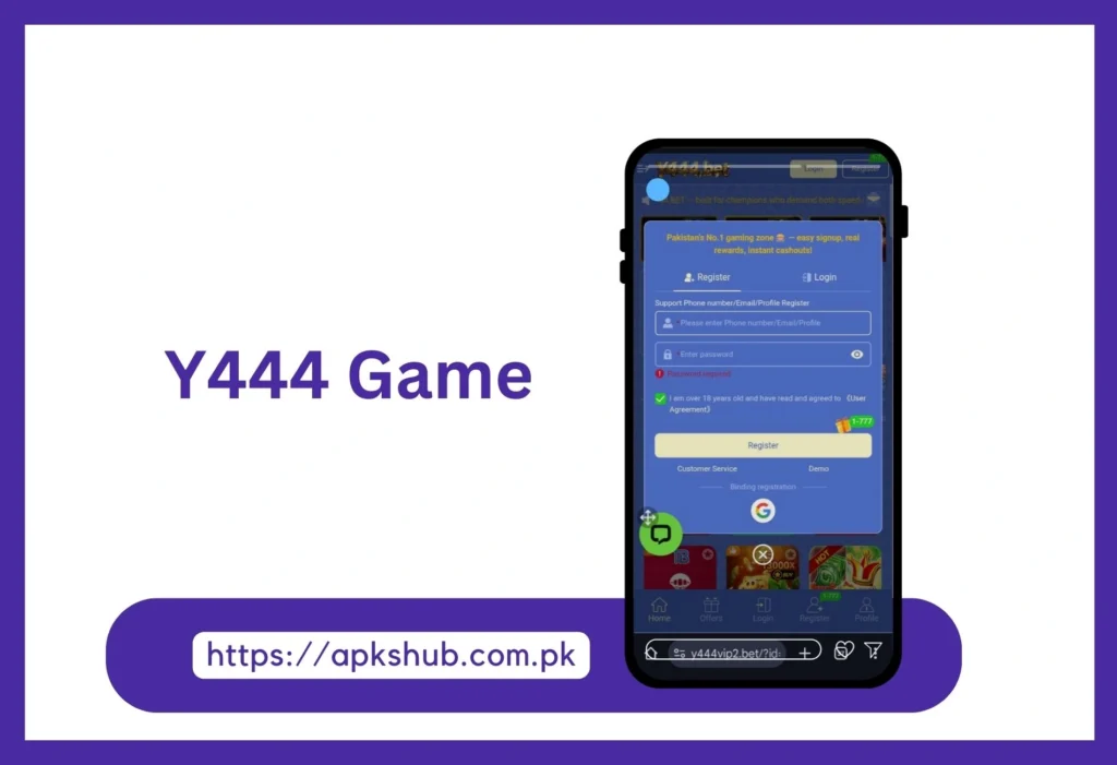 Register interface screenshot of Y444 Game