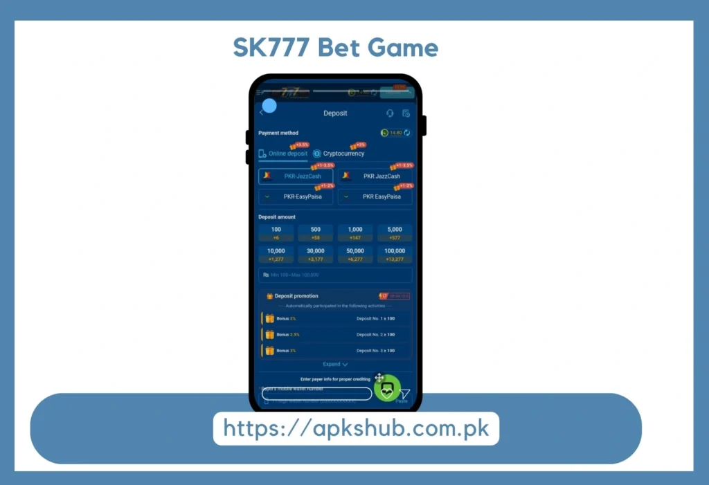 SK777 Bet Game Deposit Section Image