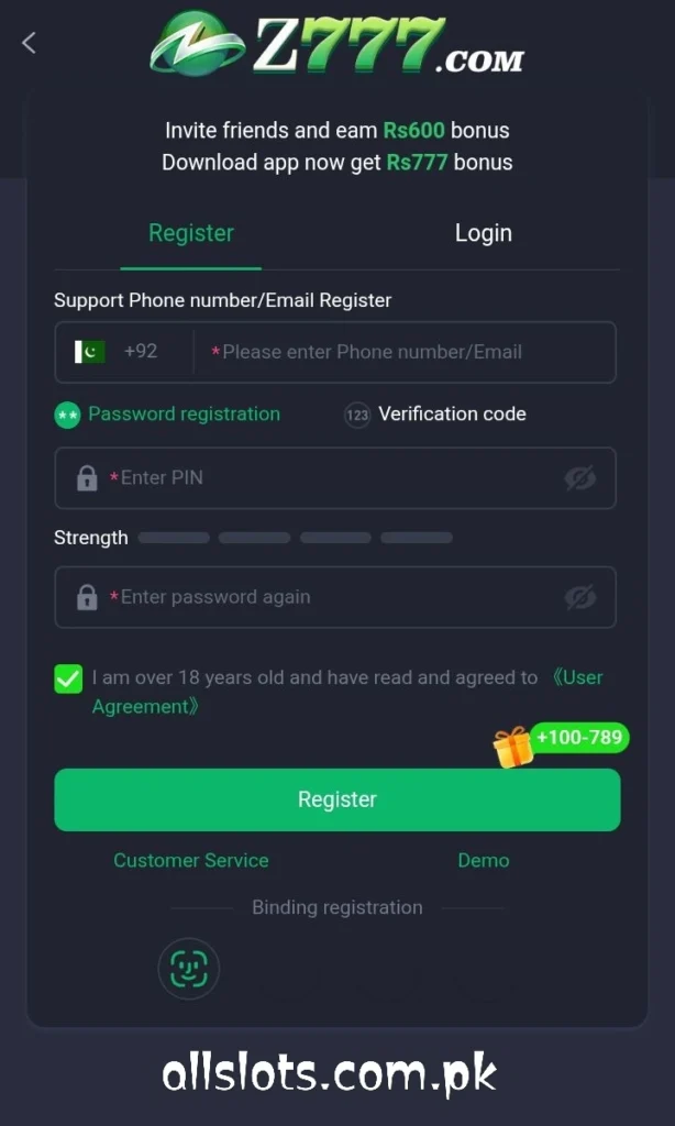 Z777 Game Register section image