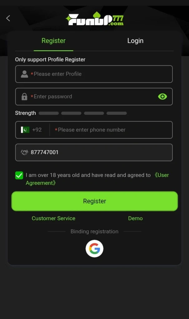 Register section image of Funup 777 Game
