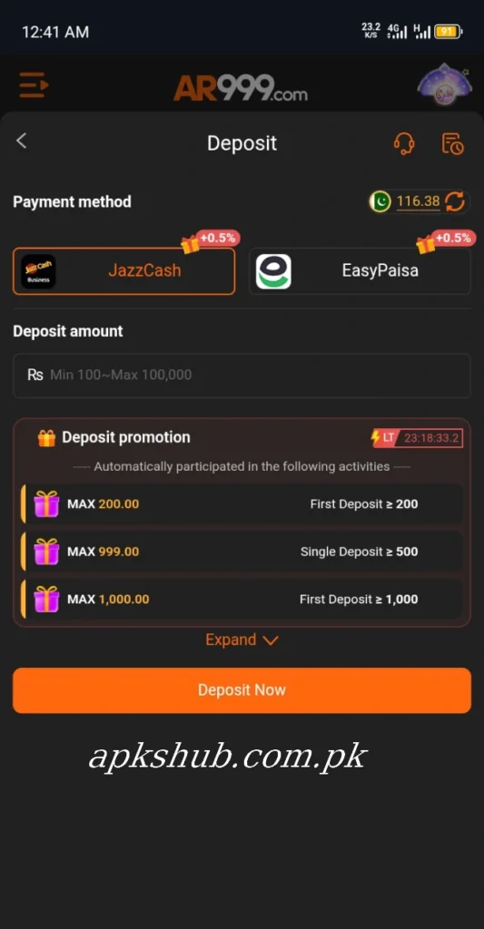 AR999 Game Deposit section Image