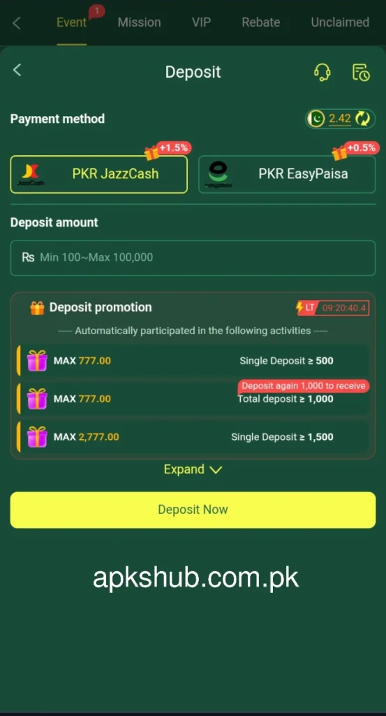 Deposit section image of 777XP Game