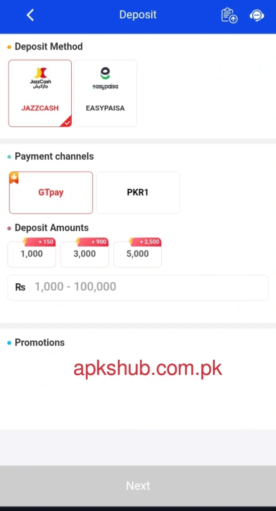 LuckyPk Game Deposit Section Image