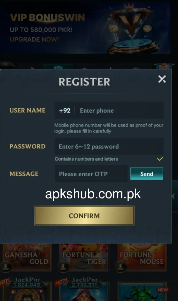 JJ Bet Game Register page