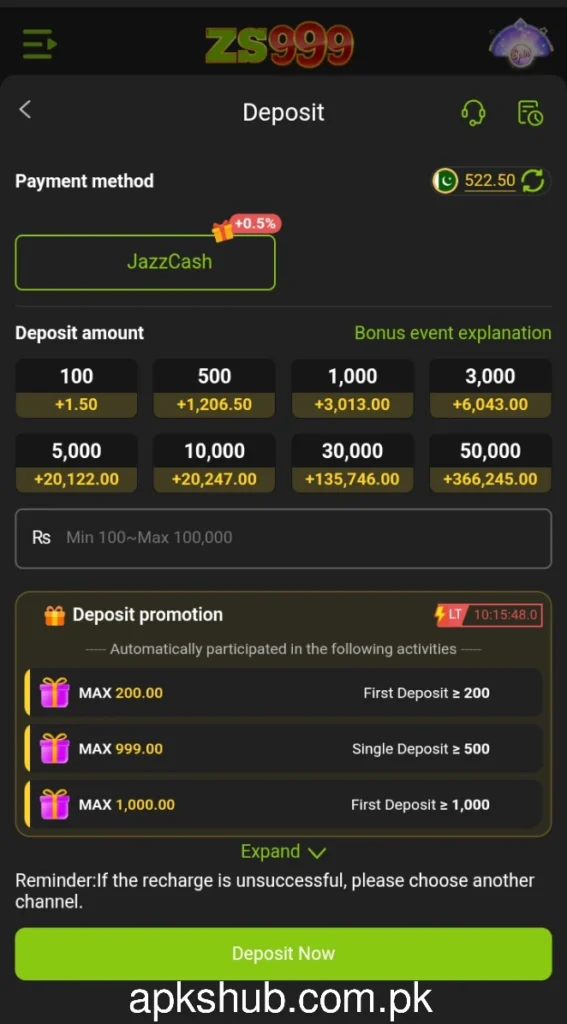 ZS999 Game Deposit Section