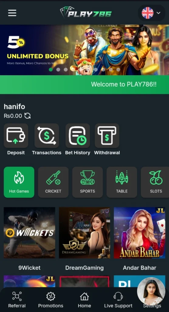 Play786 game Interface image