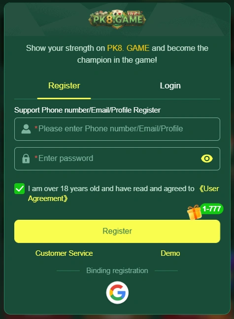 PK8 Game Register section image