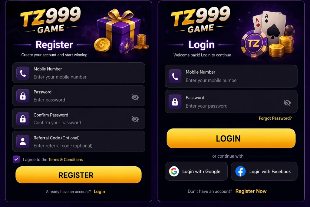 TZ999 Game register and login image